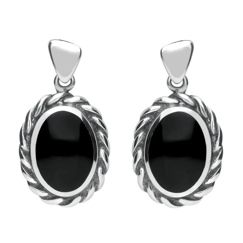 Sterling Silver Whitby Jet Oval Rope Edge Triangle Bail Drop Earrings - Silver