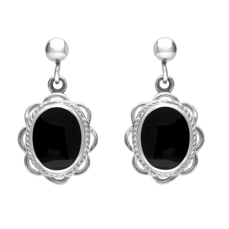 Sterling Silver Whitby Jet Oval Rope Frill Drop Earrings - Silver