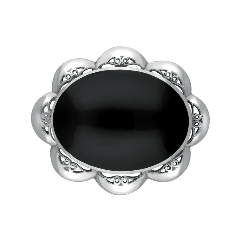 Sterling Silver Whitby Jet Oval Scalloped Edge Brooch - Silver