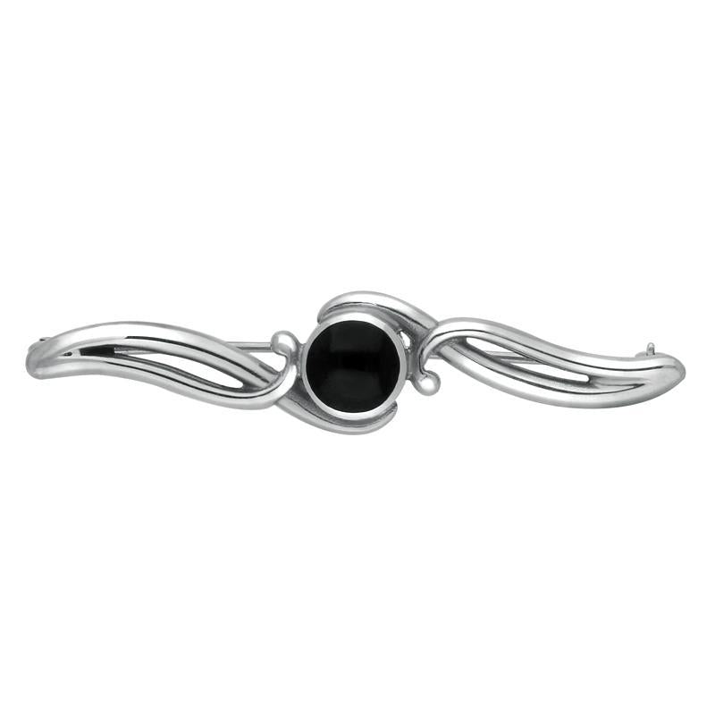 Sterling Silver Whitby Jet Oval Scroll Brooch - Silver