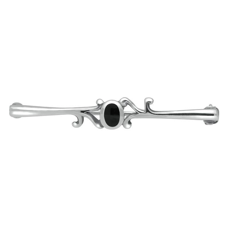 Sterling Silver Whitby Jet Oval Scroll Leaf Brooch - Silver
