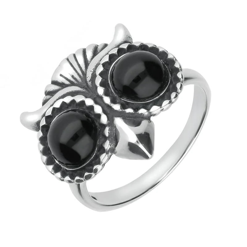 Sterling Silver Whitby Jet Owl Ring