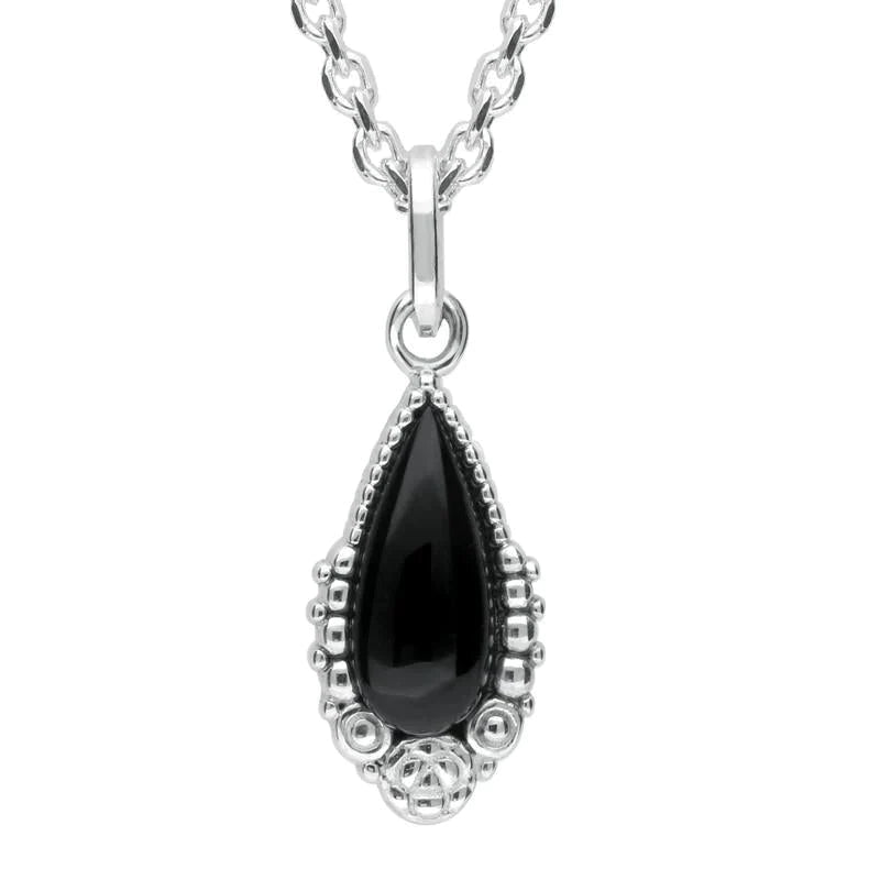 Sterling Silver Whitby Jet Patterned Pear Necklace - Silver