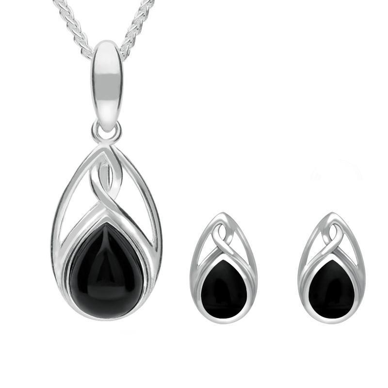 Sterling Silver Whitby Jet Pear Celtic Two Piece Set