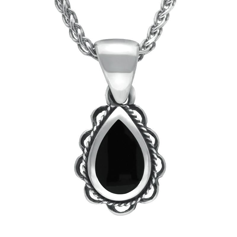 Sterling Silver Whitby Jet Pear Drop Frill Necklace - Option1 Value Silver