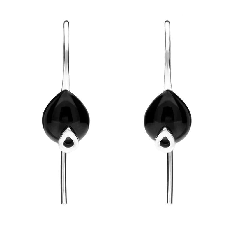 Sterling Silver Whitby Jet Pear Hook Earrings - Silver