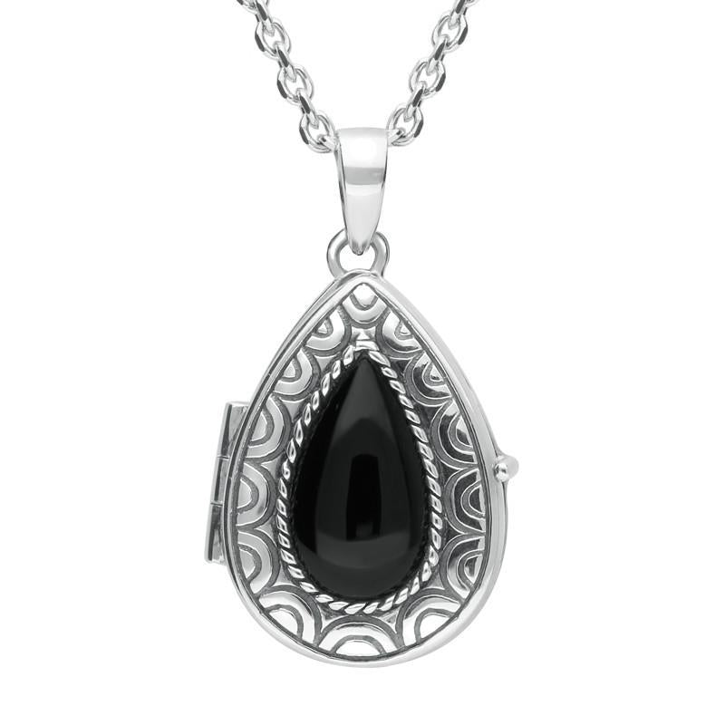Sterling Silver Whitby Jet Pear Patterned Locket Necklace - Silver