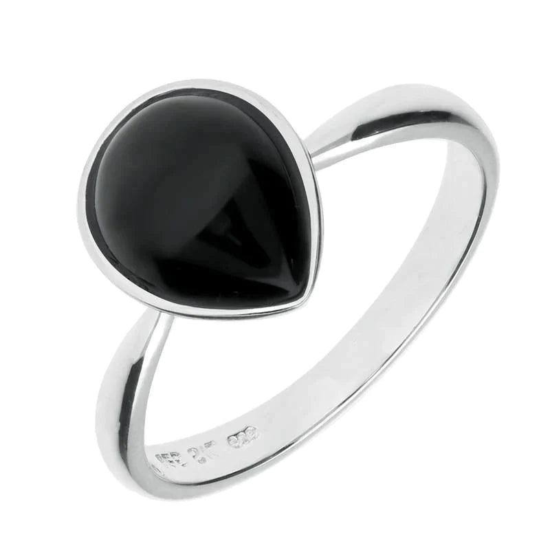 Sterling Silver Whitby Jet Pear Ring - Silver