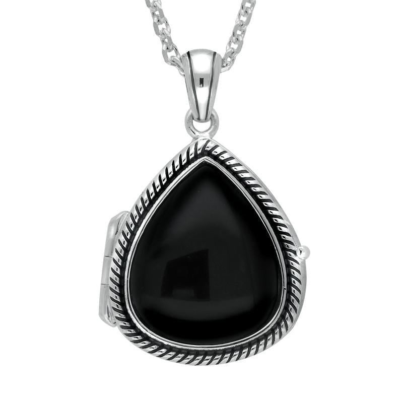 Sterling Silver Whitby Jet Pear Rope Edge Locket - Silver