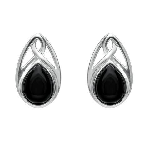 Sterling Silver Whitby Jet Pear Shaped Celtic Stud Earrings - Silver