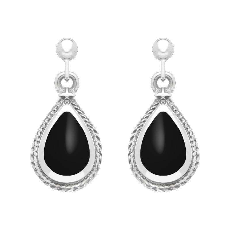 Sterling Silver Whitby Jet Pear Shaped Drop Earrings - Silver