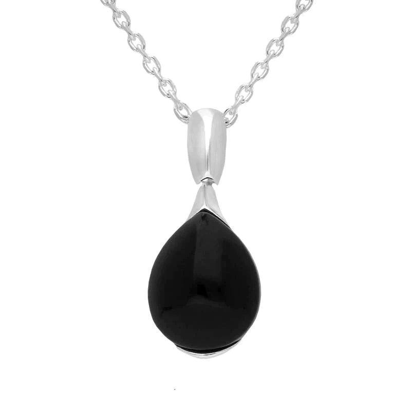 Sterling Silver Whitby Jet Pear Shaped Hinge Top Necklace - Silver