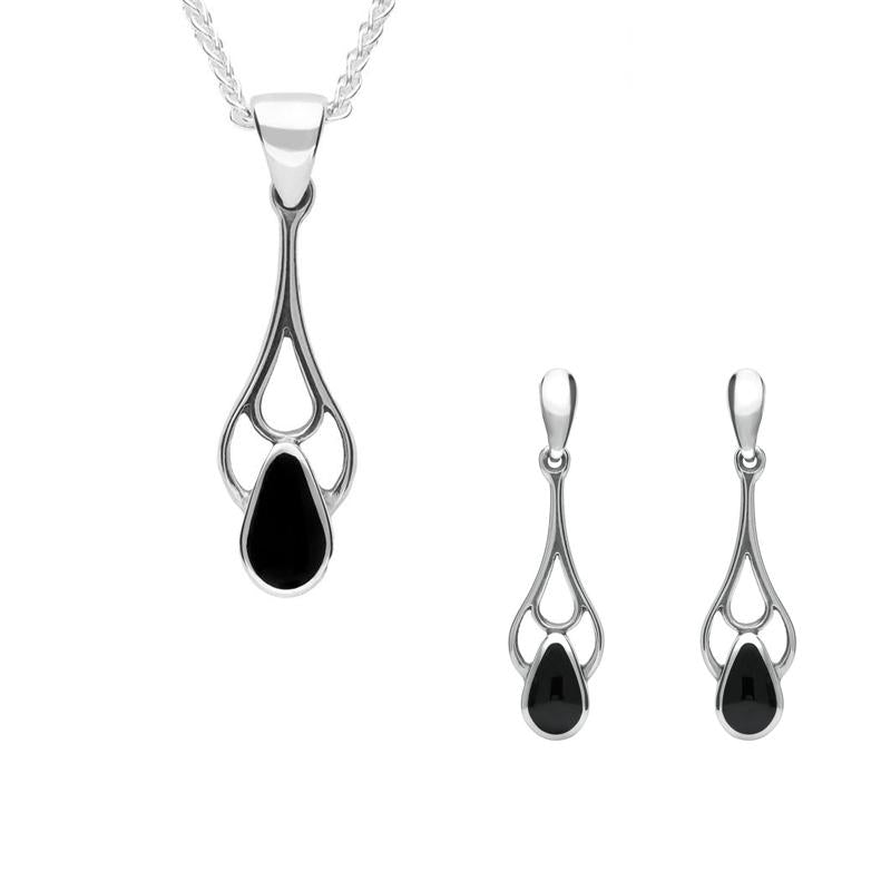 Sterling Silver Whitby Jet Pear Shaped Spoon Necklace and Earring Set