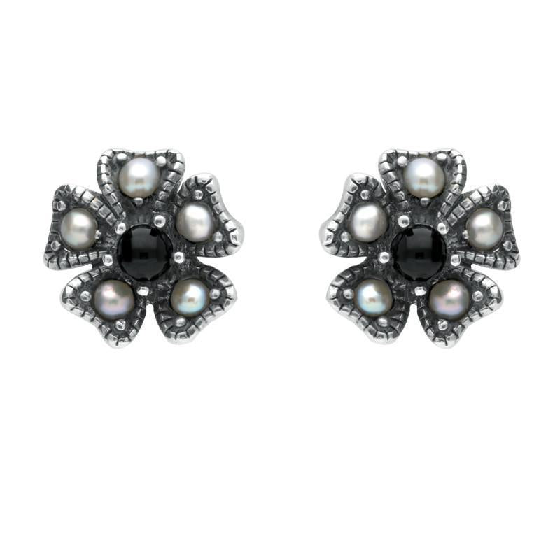 Sterling Silver Whitby Jet & Pearl 5 Petal Stud Earrings - Silver