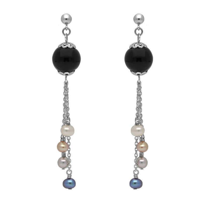 Sterling Silver Whitby Jet Pearl Beaded Tassel Drop Earrings - Silver