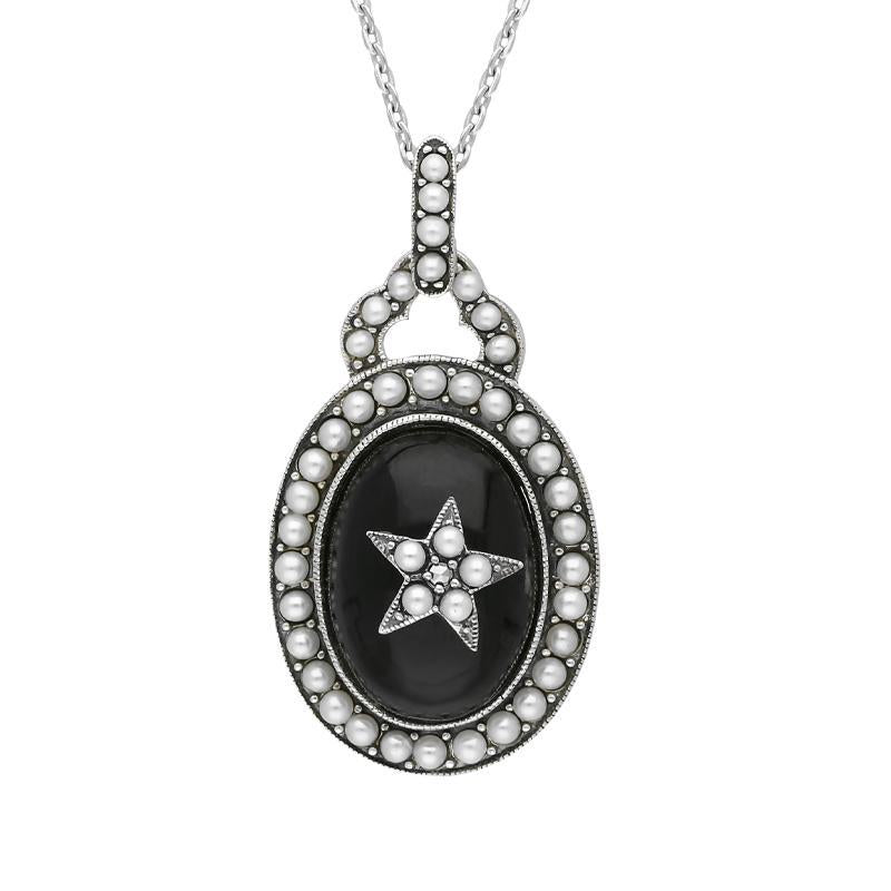 Sterling Silver Whitby Jet Pearl Framed Large Oval Flower Necklace - Silver