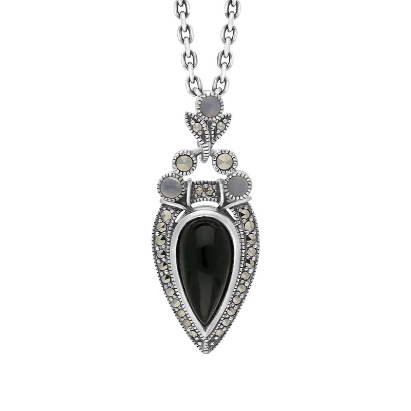 Sterling Silver Whitby Jet Marcasite Moonstone Upside Down Pear Necklace - Silver