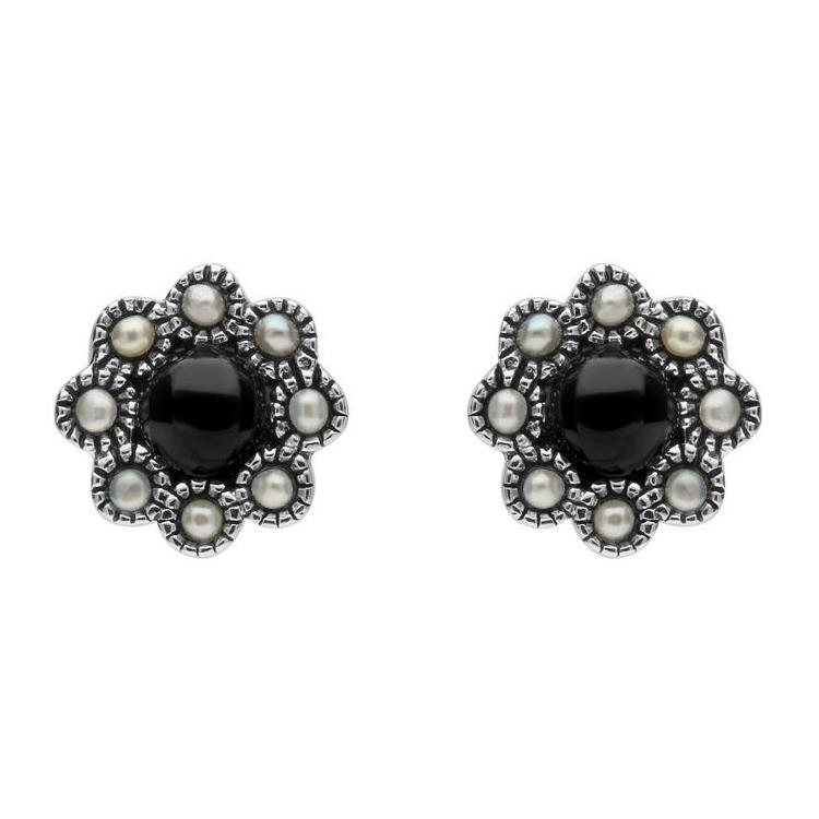 Sterling Silver Whitby Jet Pearl Round Edge Bead Stud Earrings - Silver