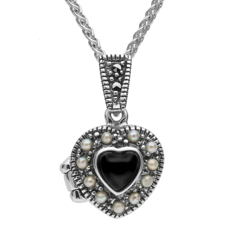 Sterling Silver Whitby Jet Pearl Small Bead Edge Heart Locket - Silver