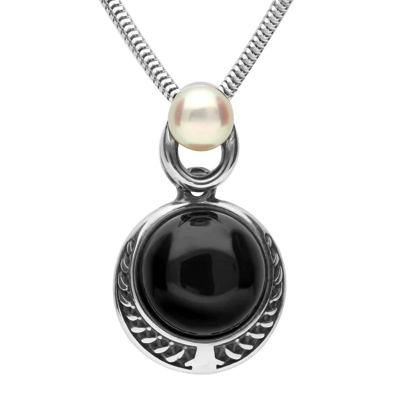 Sterling Silver Whitby Jet Pearl Two Stone Rope Edge Necklace - Silver