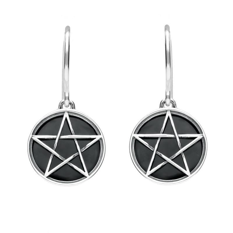Sterling Silver Whitby Jet Pentagram Drop Earrings - Silver