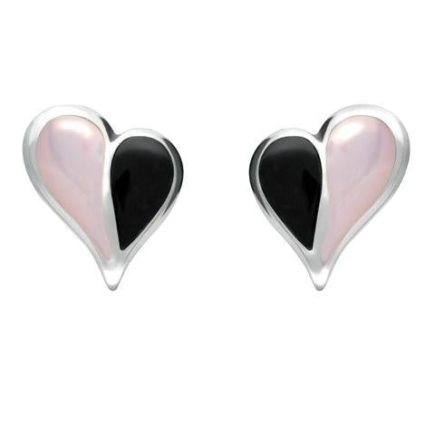 Sterling Silver Whitby Jet Pink Mother of Pearl Split Heart Stud Earrings - Silver