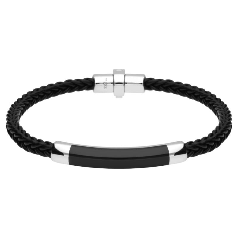 Sterling Silver Whitby Jet Plaited Leather Bar Bracelet - 8.5 inches