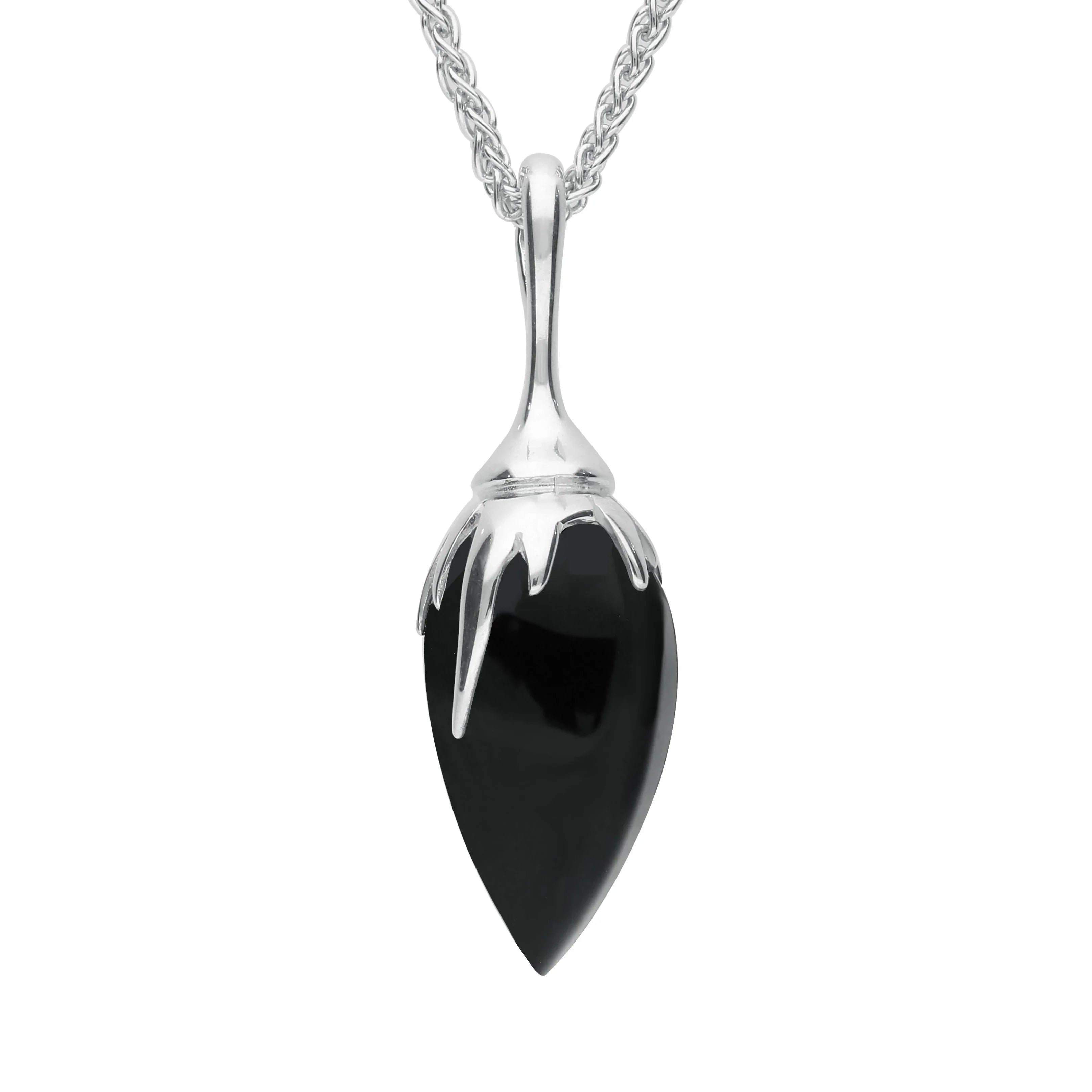 Sterling Silver Whitby Jet Plant Bud Necklace - Silver