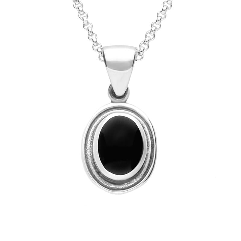 Sterling Silver Whitby Jet Ribbed Small Oval Necklace - Silver