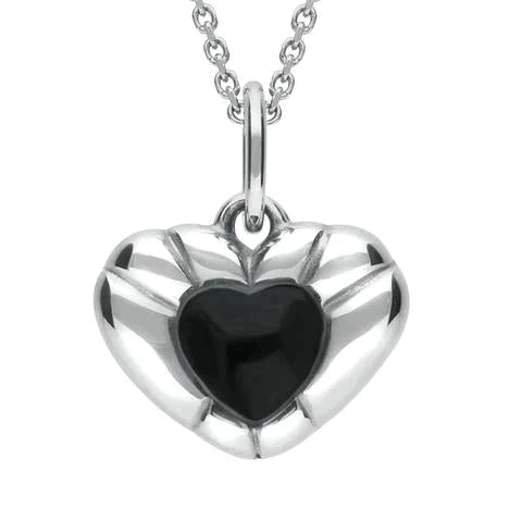 Sterling Silver Whitby Jet Ridged Heart Necklace - Silver