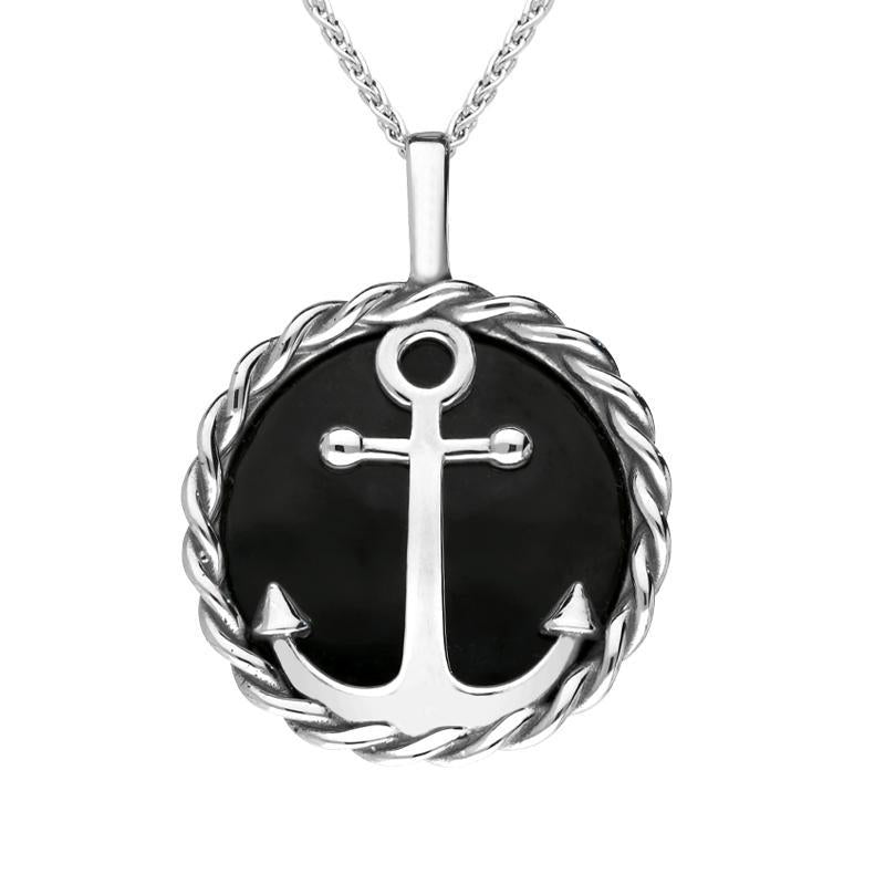 Sterling Silver Whitby Jet Rope Edge Anchor Necklace - Silver