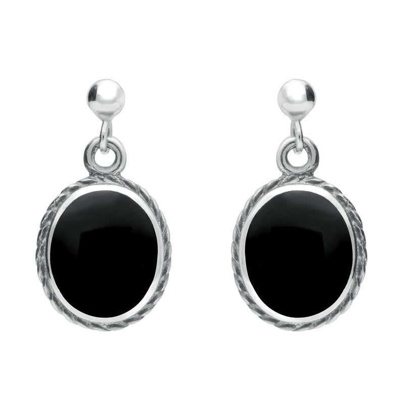 Sterling Silver Whitby Jet Rope Edge Oval Drop Earrings - Silver