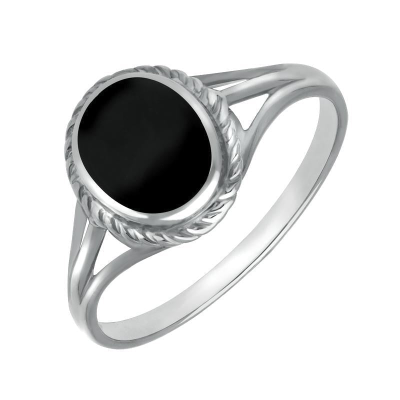 Sterling Silver Whitby Jet Oval Rope Edged Ring - Silver