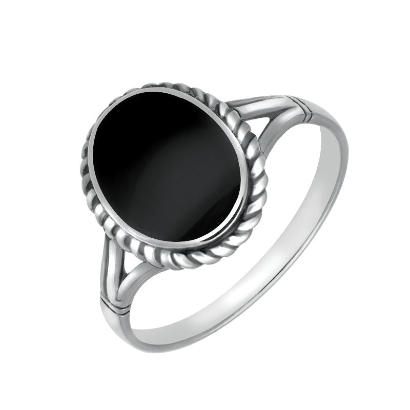 Sterling Silver Whitby Jet Oval Rope Edge Ring - Silver