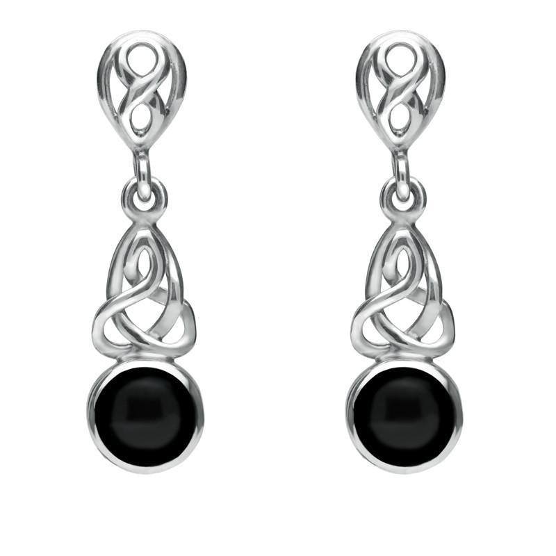 Sterling Silver Whitby Jet Round Celtic Dropper Earrings - Option1 Value Silver