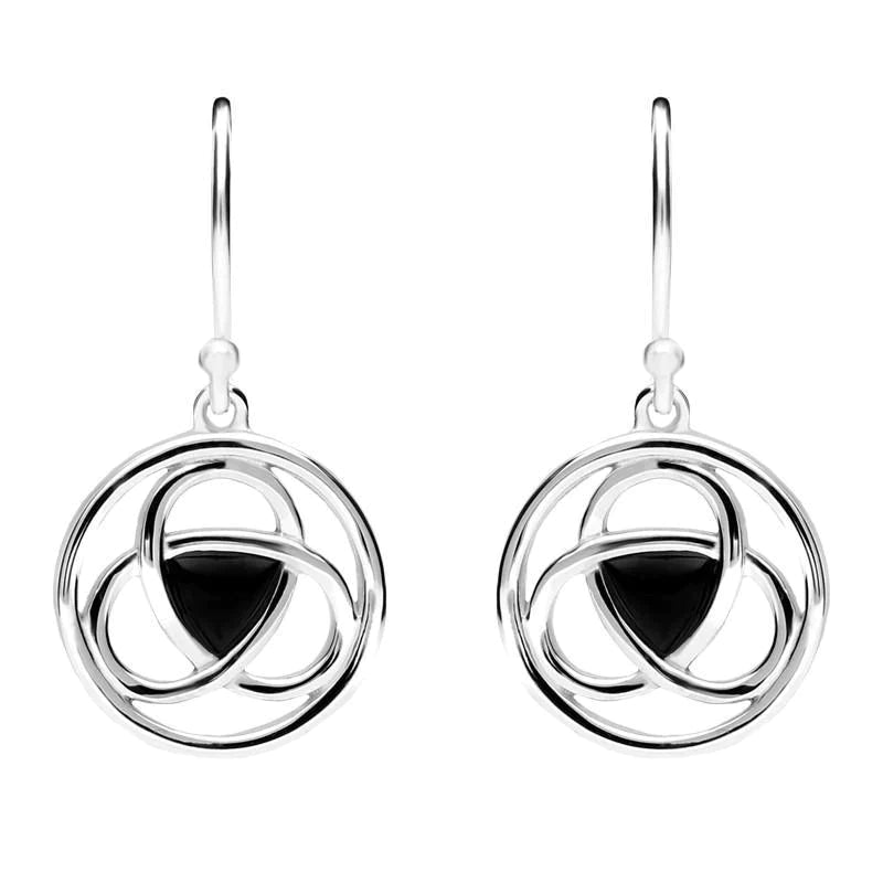 Sterling Silver Whitby Jet Round Celtic Knot Hook Earrings - Silver