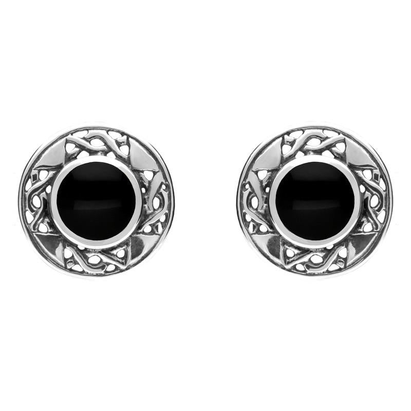 Sterling Silver Whitby Jet Round Celtic Stud Earrings - Silver