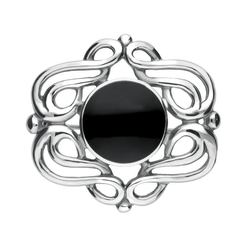 Sterling Silver Whitby Jet Round Fancy Swirl Brooch - Silver