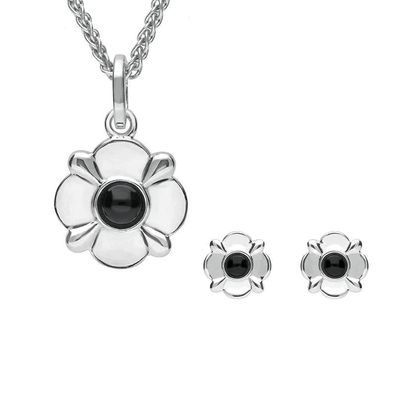 Sterling Silver Whitby Jet Round Four Petal Flower Two Piece Set