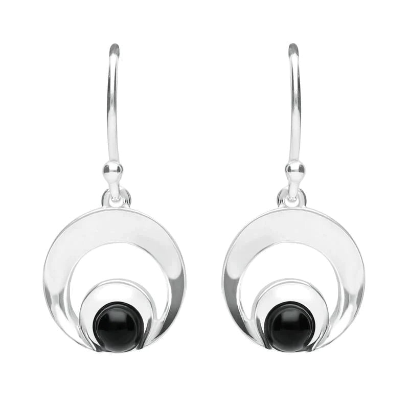 Sterling Silver Whitby Jet Round Open Circle Drop Earrings - Silver
