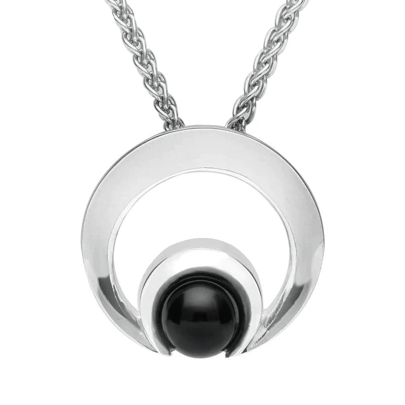Sterling Silver Whitby Jet Round Open Circle Necklace - Silver