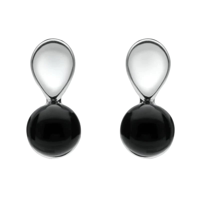 Sterling Silver Whitby Jet Round Pear Stud Earrings - Silver