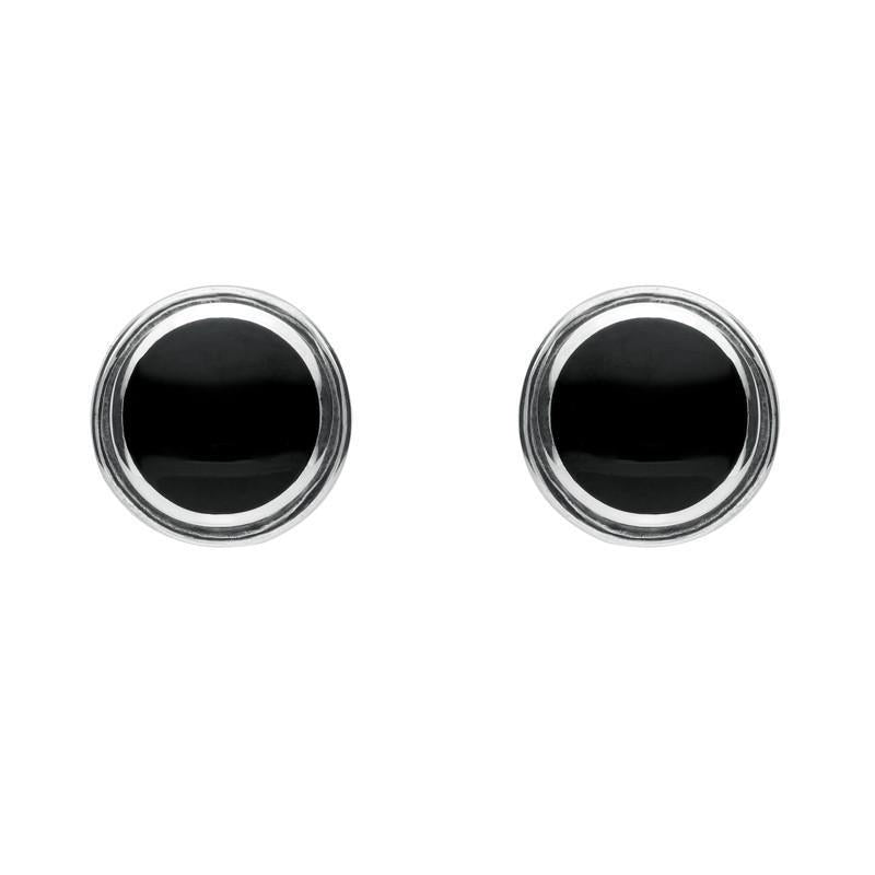 Sterling Silver Whitby Jet Round Plain Edged Stud Earrings - Silver