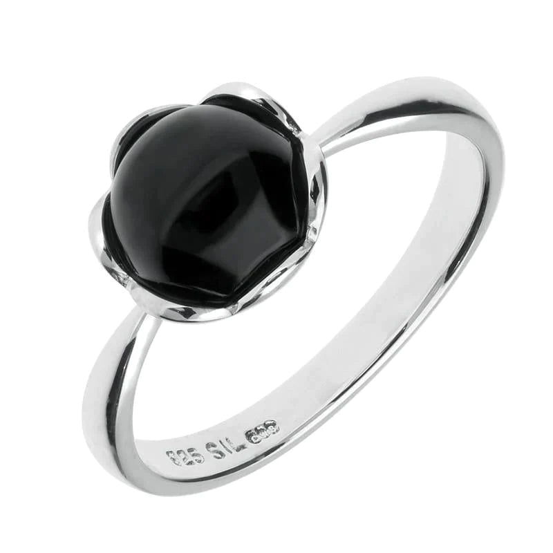 Sterling Silver Whitby Jet Round Ridged Edge Ring - Silver