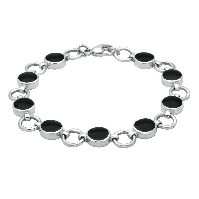 Sterling Silver Whitby Jet Nine Stone Round Ring Bracelet - Silver
