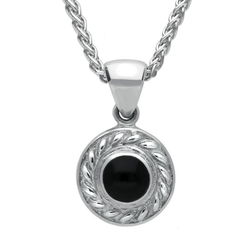Sterling Silver Whitby Jet Round Rope Edge Necklace - Silver