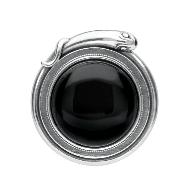 Sterling Silver Whitby Jet Round Snake Edge Brooch M356 - Silver