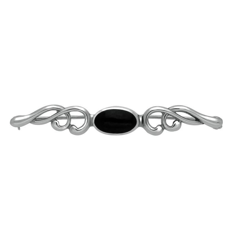 Sterling Silver Whitby Jet Scroll Bar Brooch - Silver