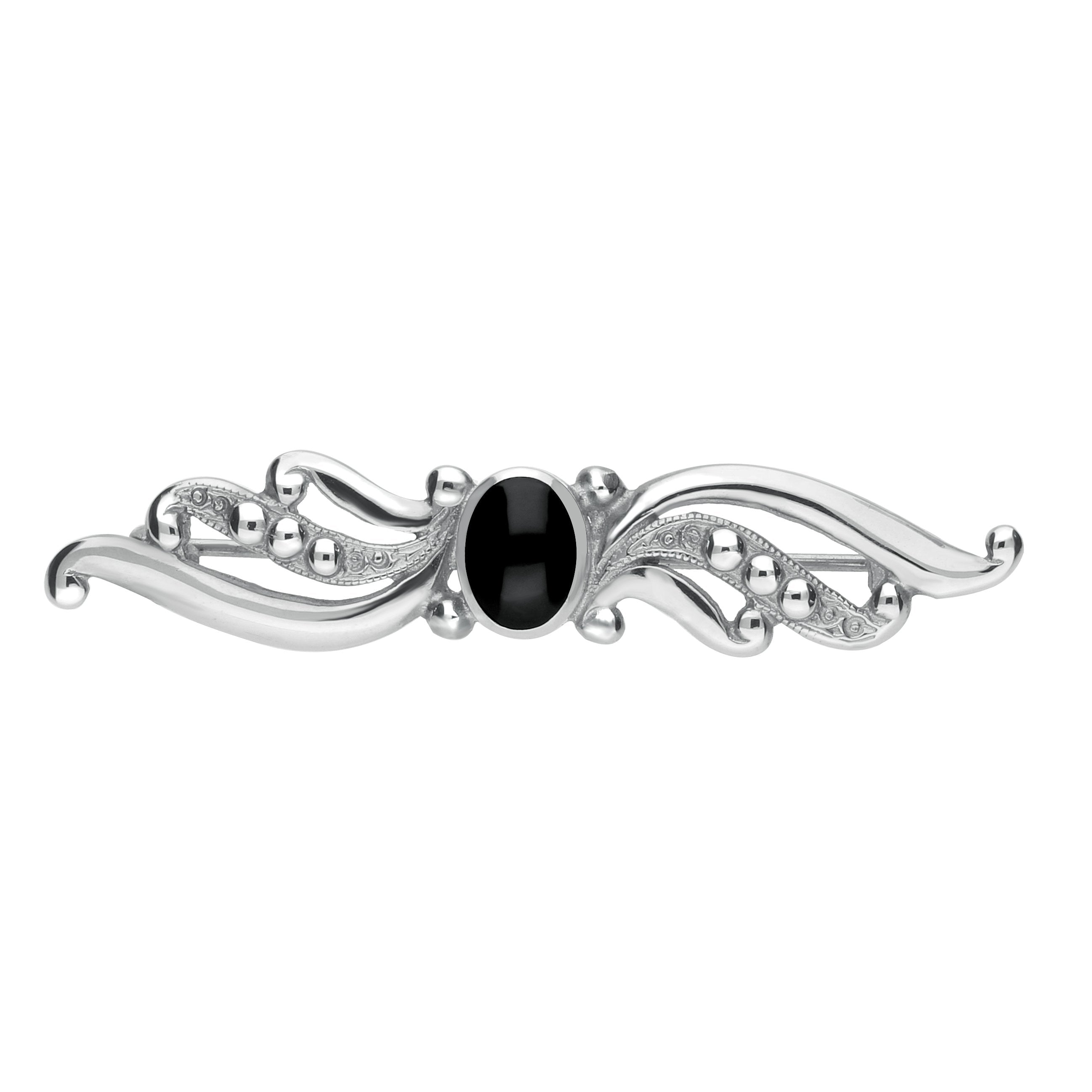 Sterling Silver Whitby Jet Scroll Bead Brooch - Silver