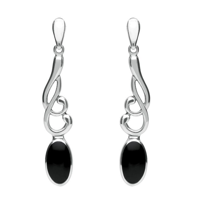 Sterling Silver Whitby Jet Scroll Drop Earrings - Silver